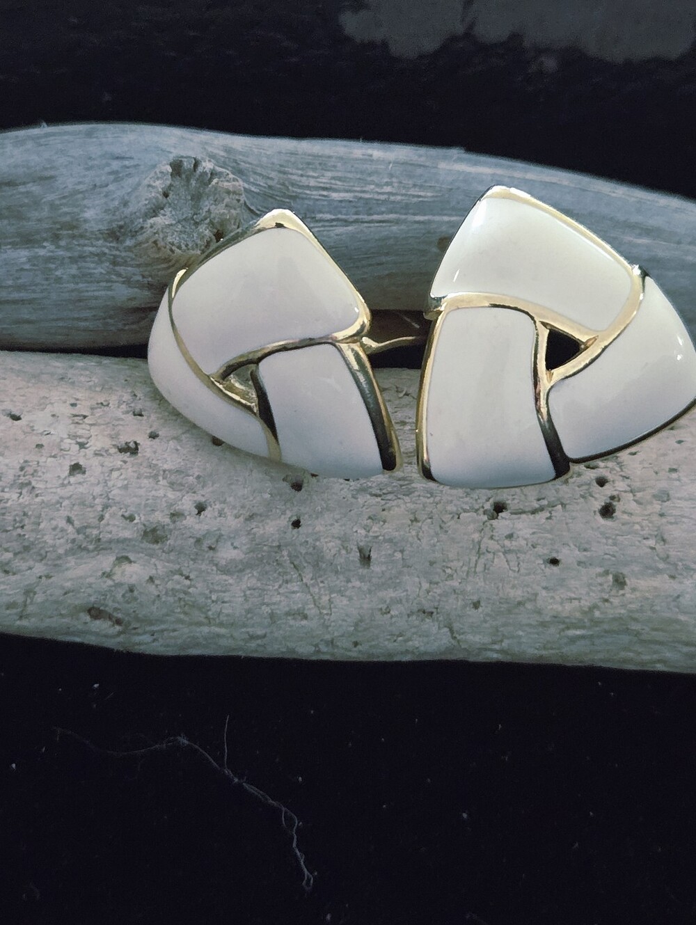 Vintage Monet White Enamel and Gold Clip-On Earrings